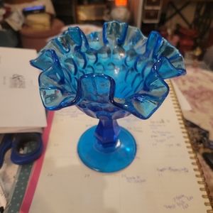 FENTON Colonial Blue Thumbprint Compote Candy Dish Ruffled Edge